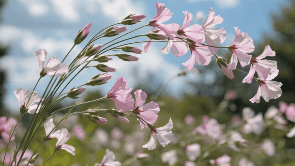 delicate light pink flowers on thin stems swaying against a soft sky background