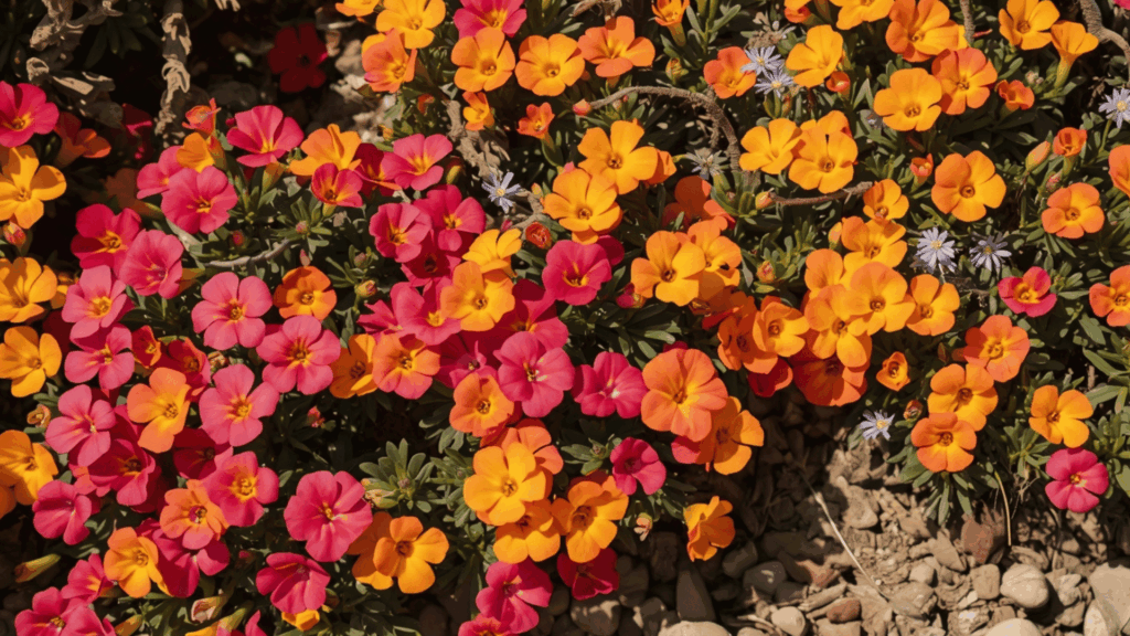 dense cluster of small orange and pink flowers growing among rocks and dry soil in a sunny garden