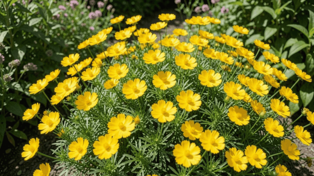dense mound of small yellow flowers blooming in a garden surrounded by green foliage