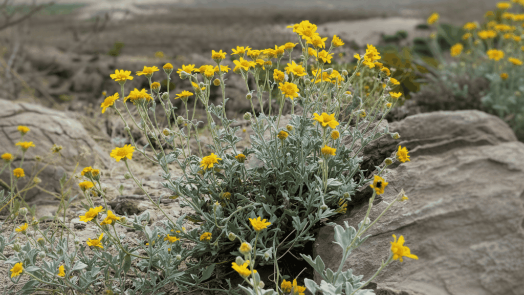 desert marigold with bright yellow flowers growing in dry rocky soil showing strong drought resistant plant type