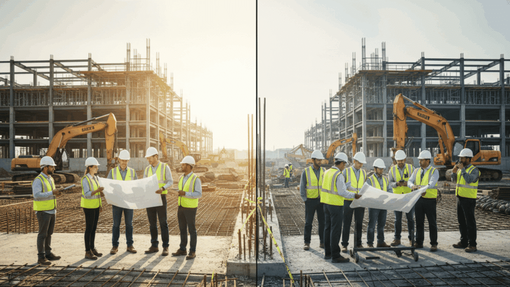 Design Build vs Design Bid Build: Pros & Cons design build vs design bid build pros and cons workers review plans at construction site