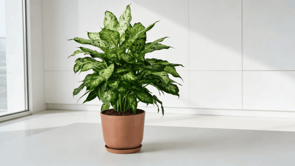 dieffenbachia plant with large variegated leaves placed in indoor space with clean background
