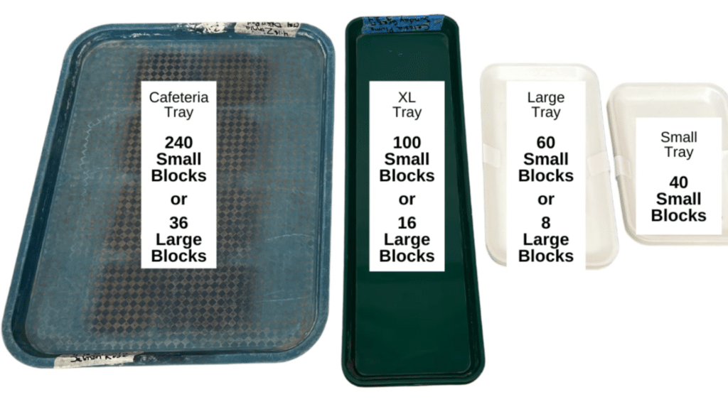 different tray sizes displayed for seed starting including cafeteria xl large and small trays with labeled capacity options