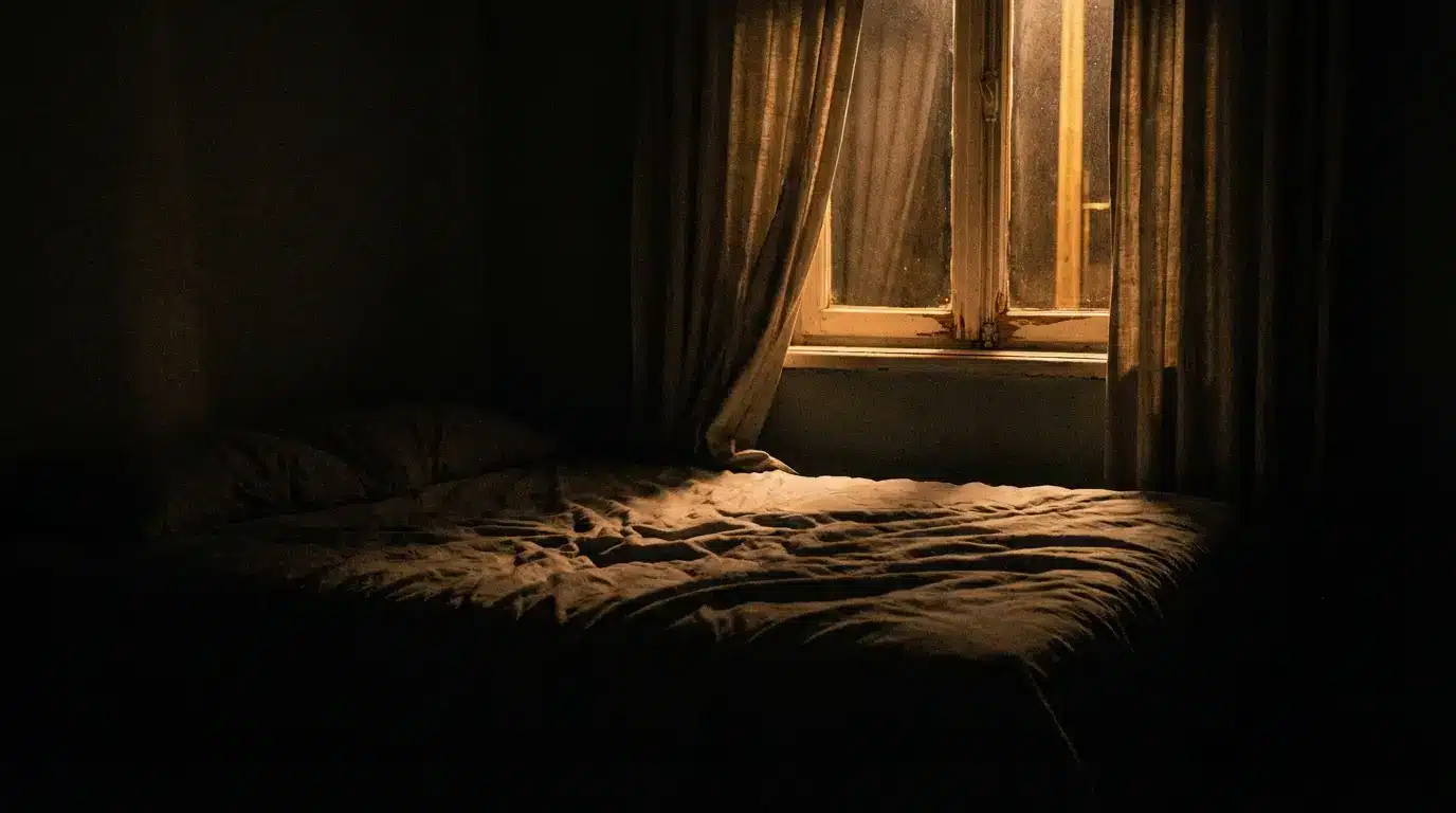 Dimly lit room with unmade bed and curtains drawn over a wooden window