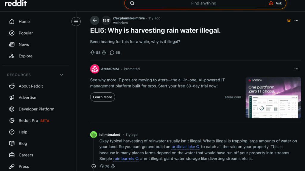 discussion on reddit about the legality of rainwater collection