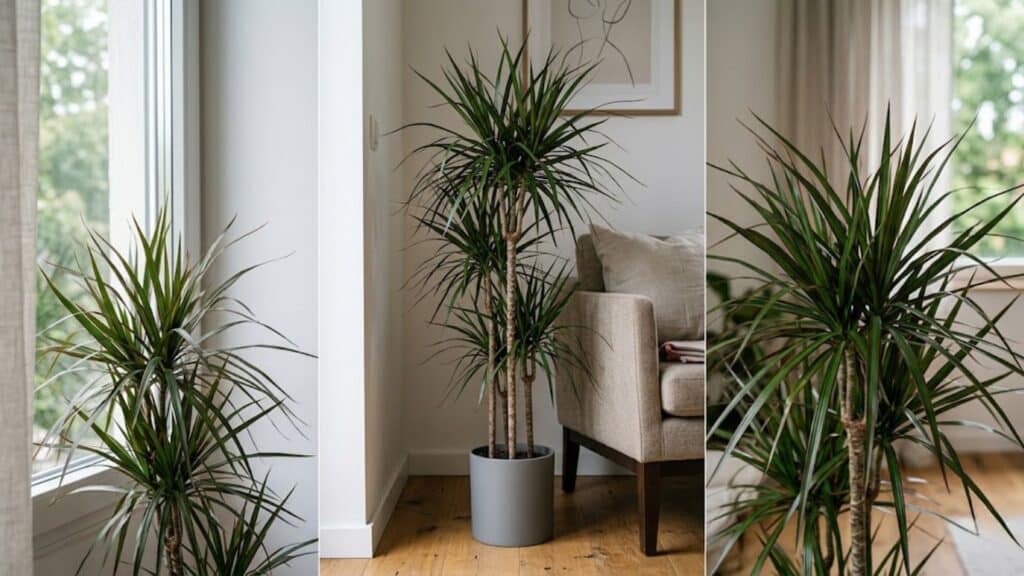 dracaena marginata with narrow leaves in small corner adding height and modern indoor style