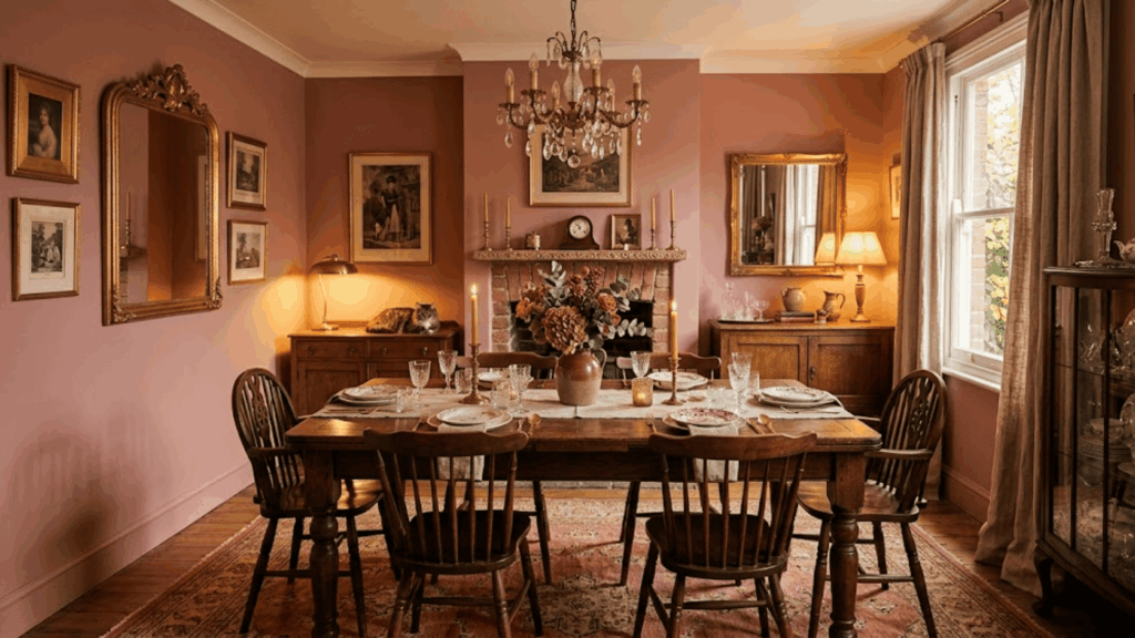 dusty rose dining room with wooden furniture gold accents and warm lighting creating a cozy stylish space