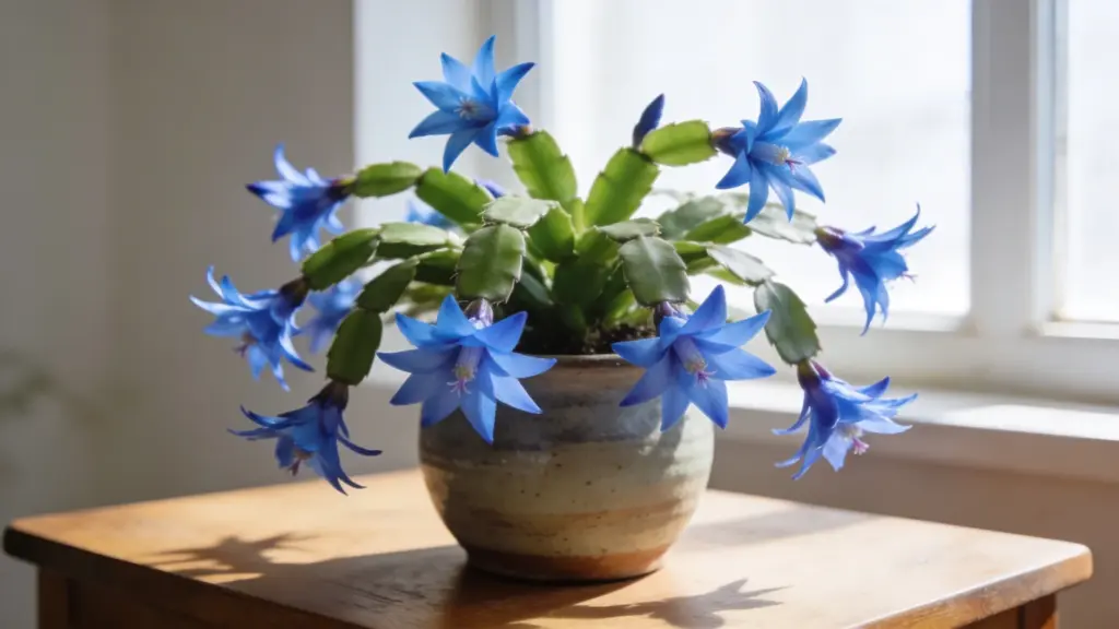 easter cactus with blue star-shaped flowers in a ceramic pot on a sunlit table near a bright window