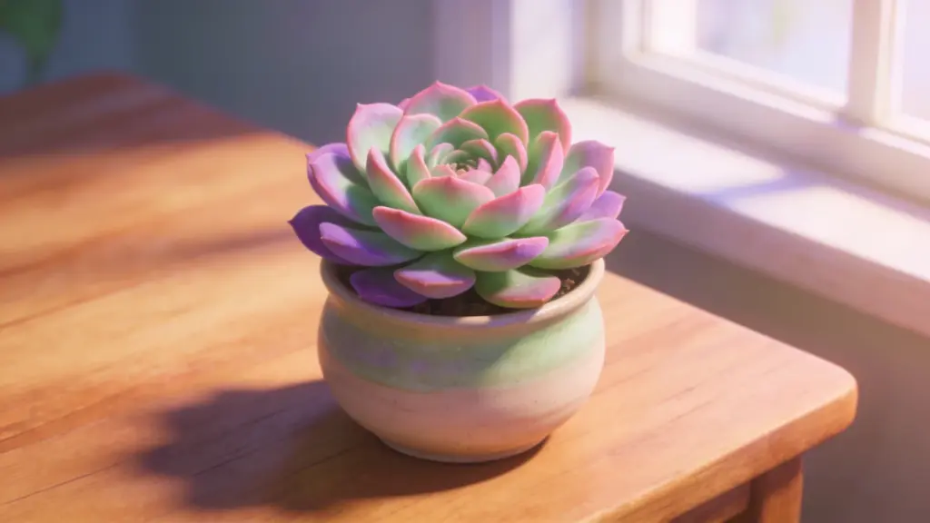 echeveria succulent with pastel green, pink, and purple rosette leaves in a small ceramic pot on a wooden table near a sunny window