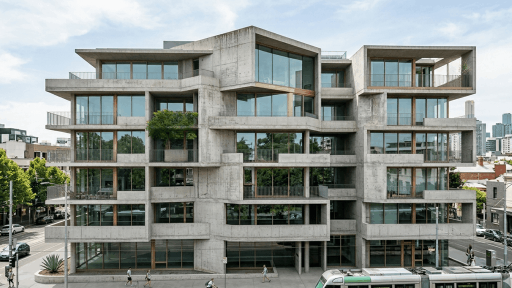eco brutalism architecture with stacked concrete buildings integrated with greenery and natural surroundings (1)