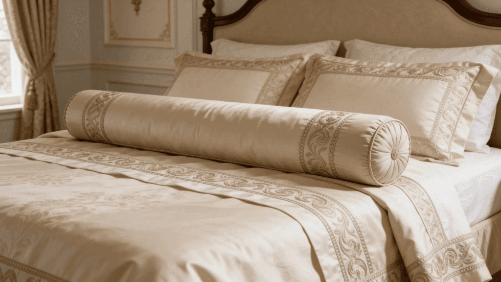 elegant bed with decorative pillows and long bolster cushion in warm classic bedroom interior