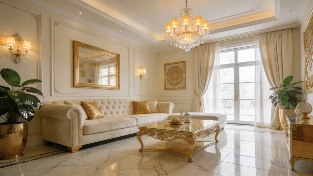 elegant cream and gold living room with plush sofa chandelier lighting gold accents marble floor and a luxurious classic interior design