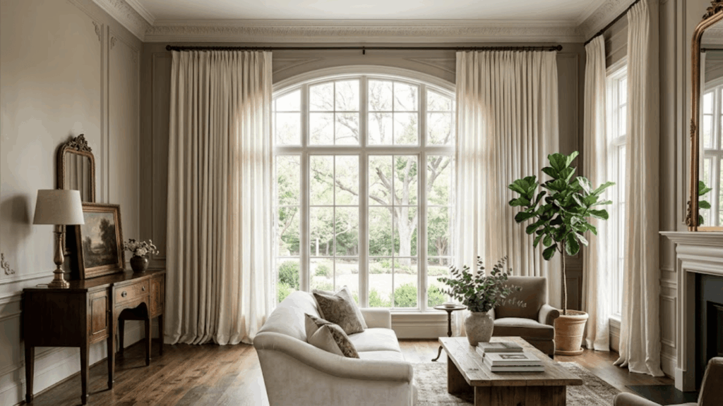 elegant living room with long curtains touching floor by large window should curtain touch the floor