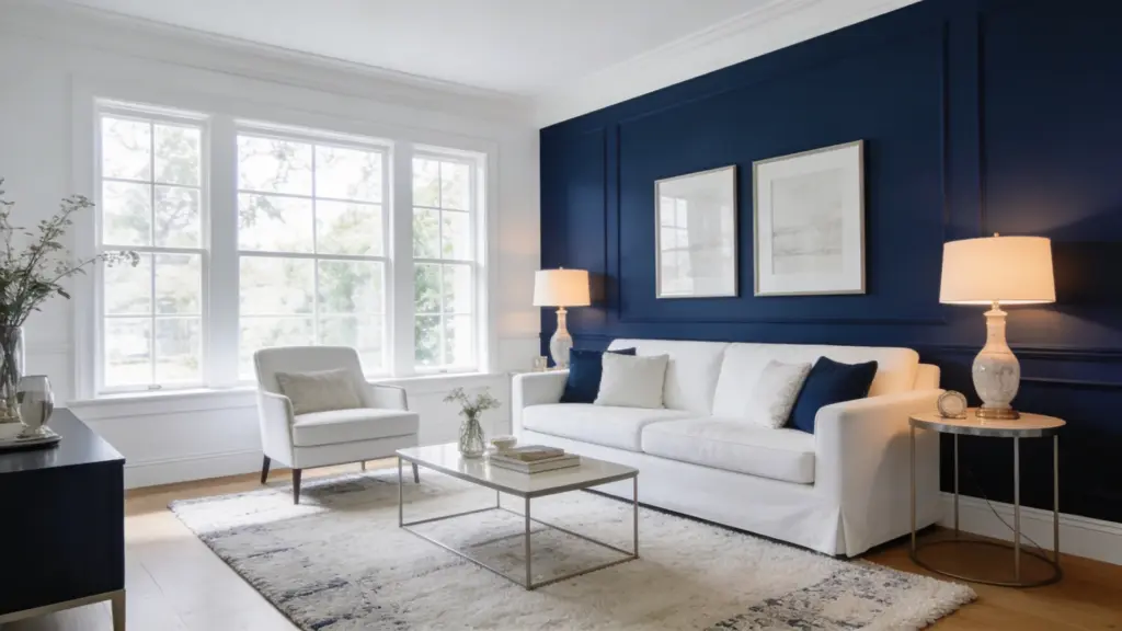 elegant navy blue and white living room with a bold accent wall white sofa soft lighting and bright natural light