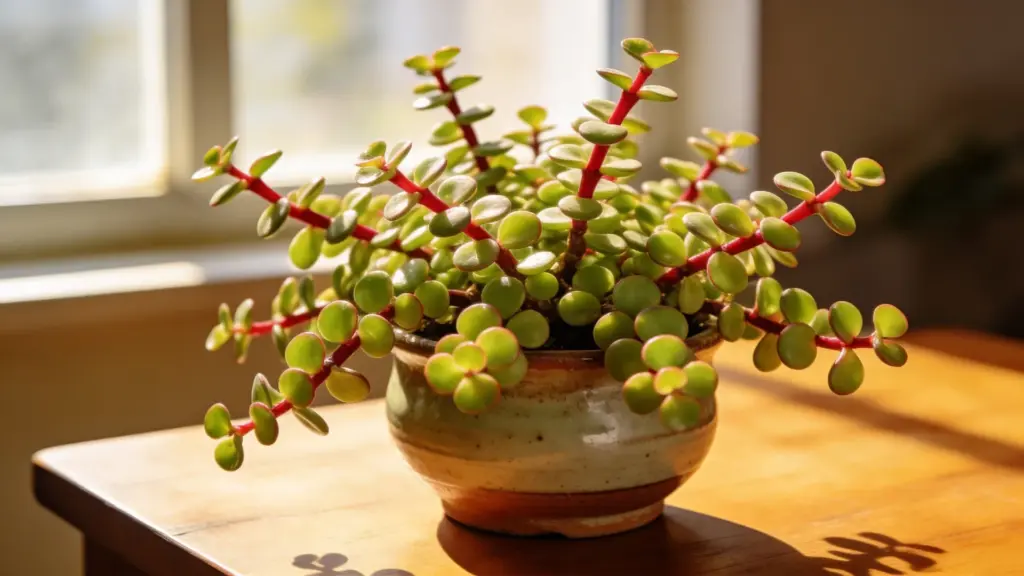 elephant bush with small round green leaves and red stems in a ceramic pot on a wooden table by a sunny window