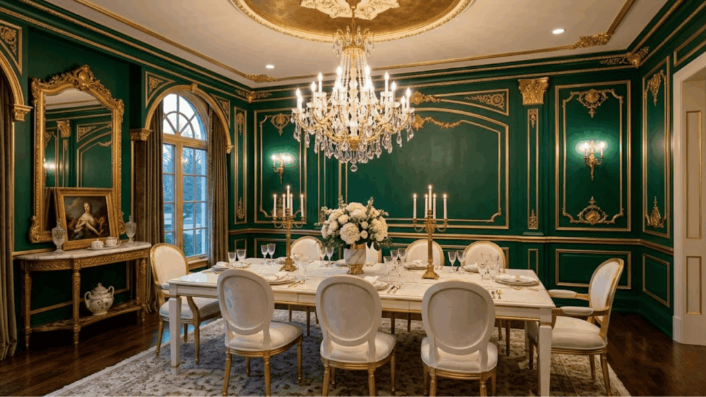 emerald green dining room with gold accents white furniture and chandelier creating a rich elegant space