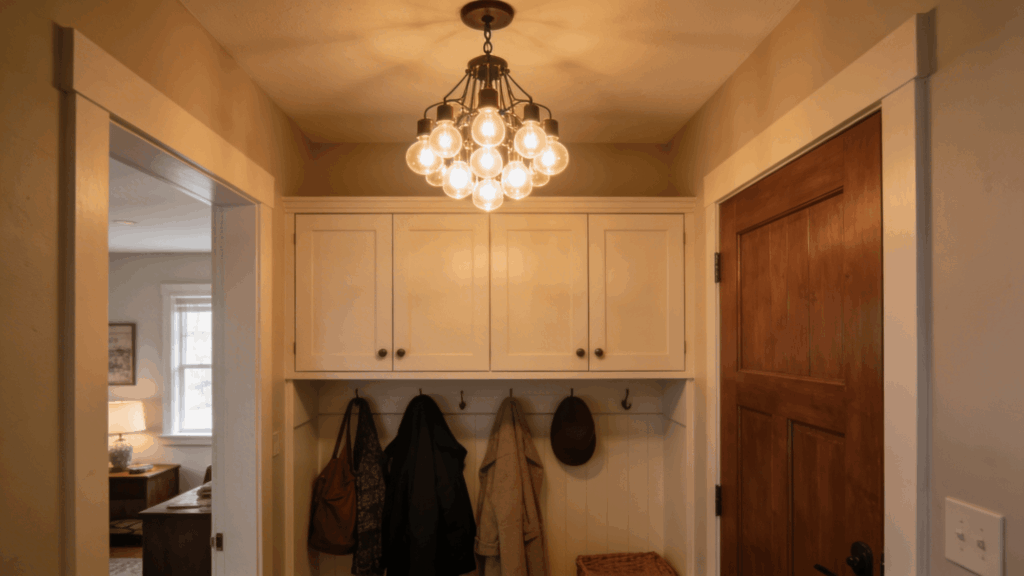 entry hallway with white cabinets coat hooks hanging jackets and warm ceiling light creating cozy storage area