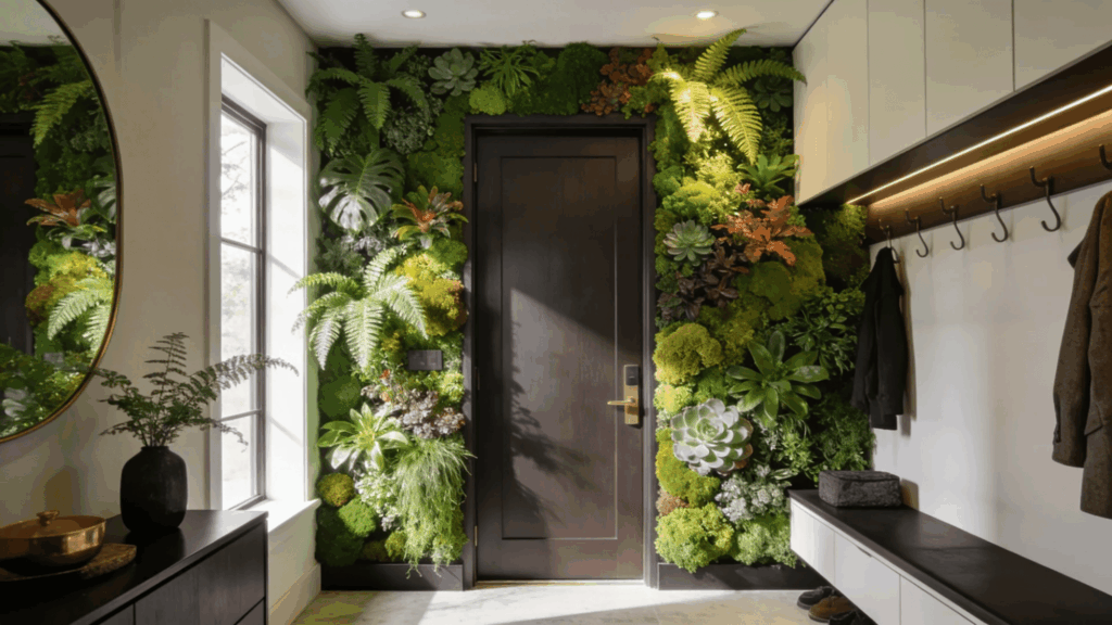 entryway with green living wall plants around door creating vibrant natural and refreshing indoor design