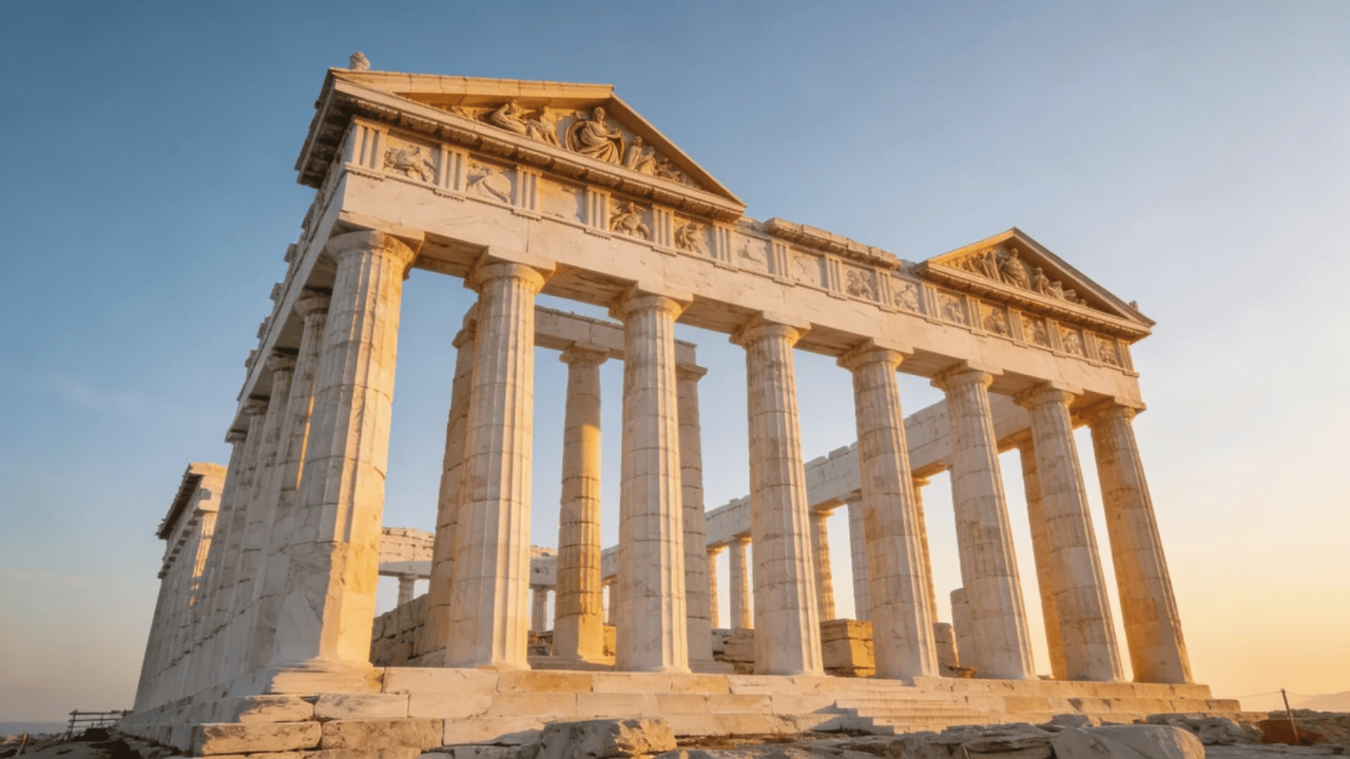 european architecture ancient greek temple with tall marble columns at sunset