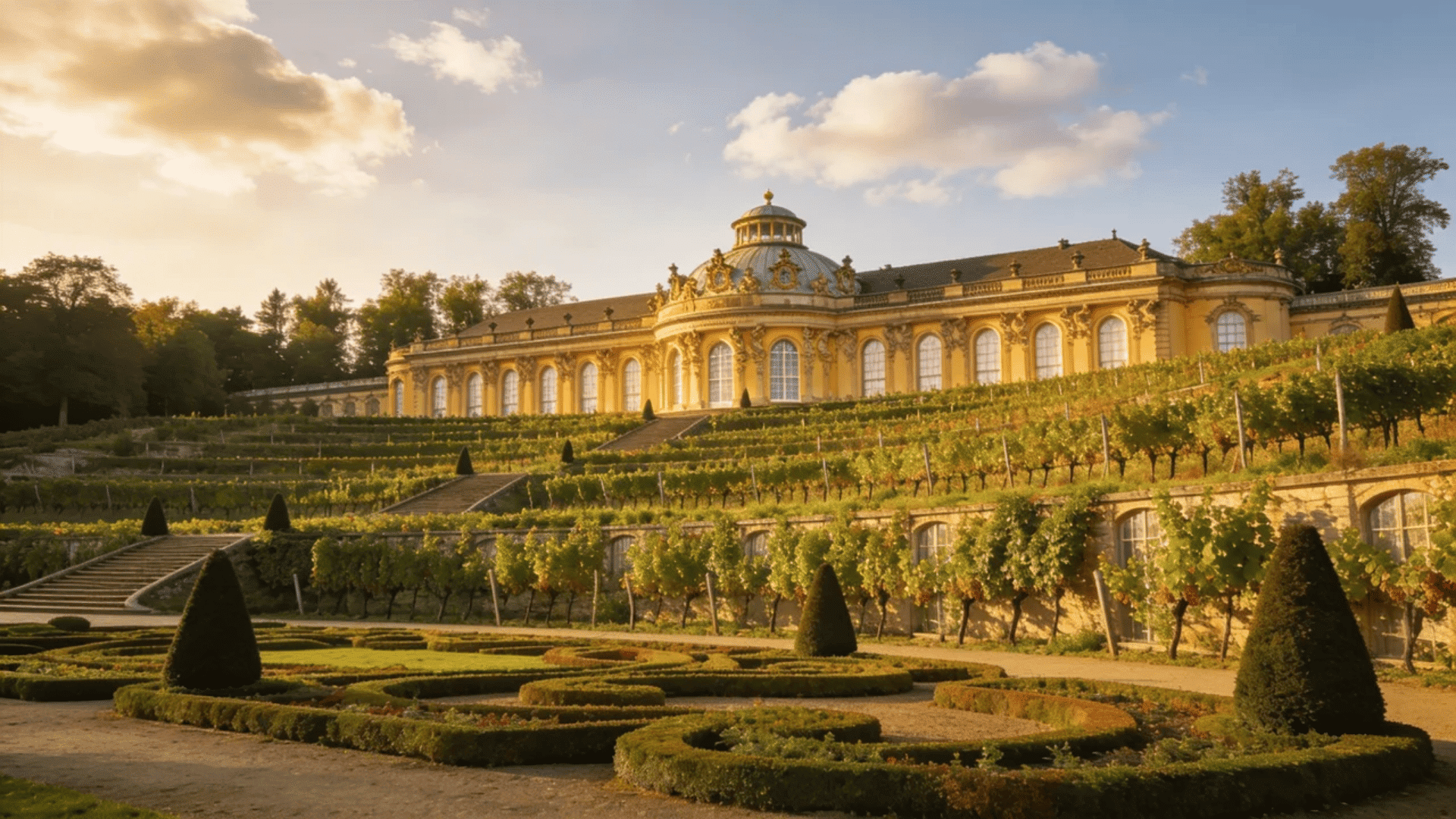 european architecture baroque palace with vineyard terraces and formal garden in warm sunlight