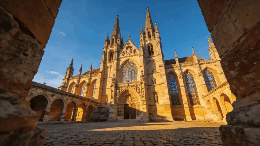 european architecture gothic cathedral with tall spires and stained glass in sunlight