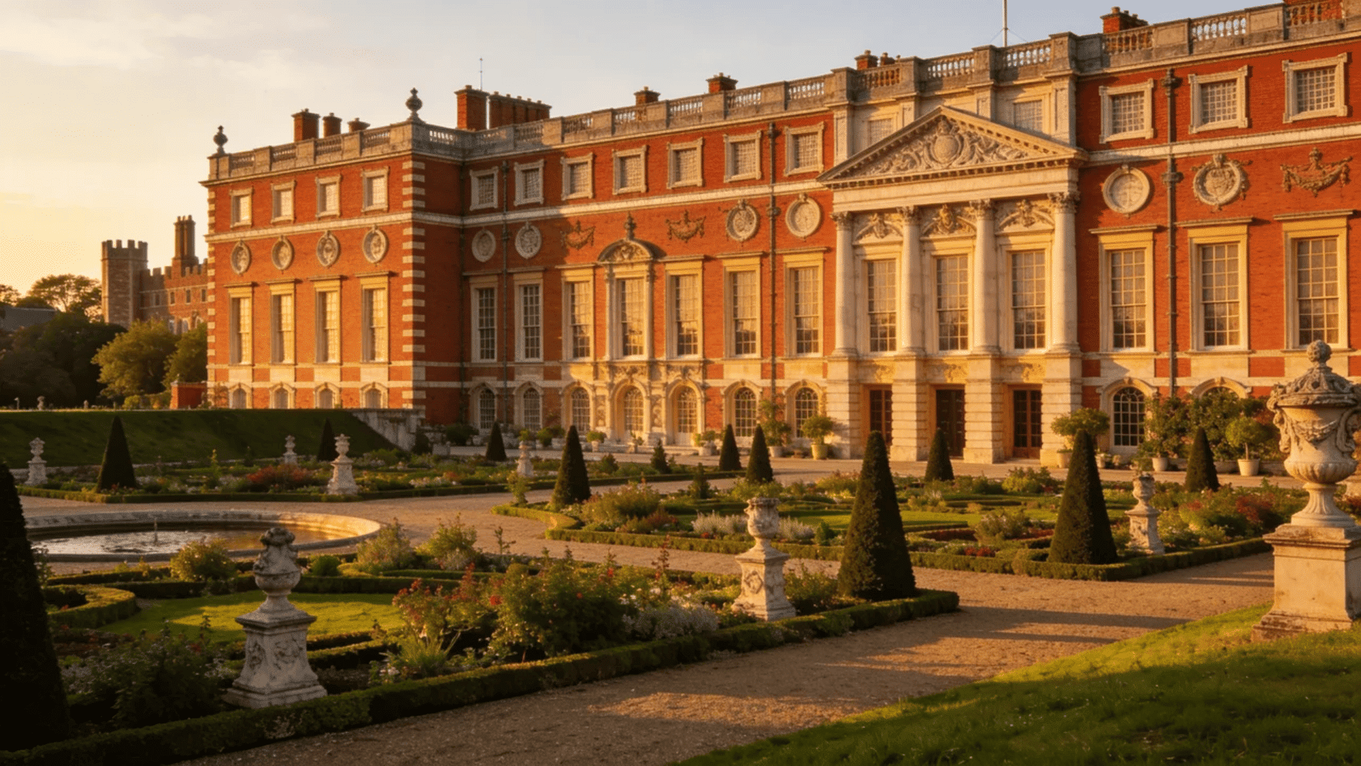 european architecture grand palace with formal garden pathways and trimmed hedges in warm sunlight