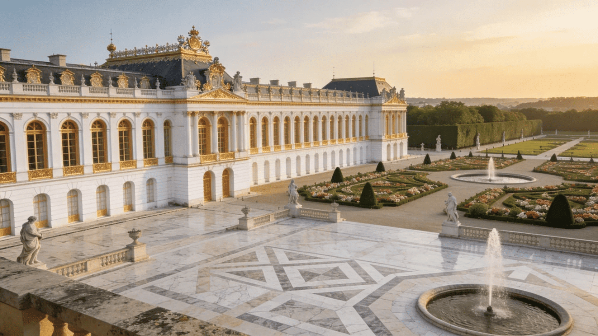 european architecture grand palace with ornate facade gardens and fountains in golden sunset