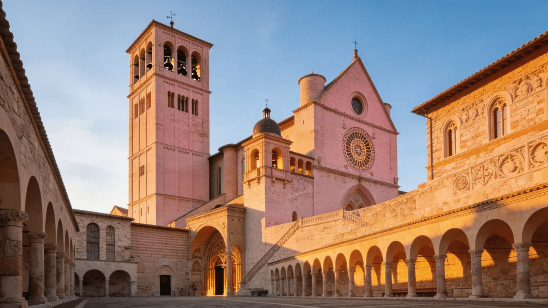 european architecture historic church with bell tower arches and courtyard in warm evening light