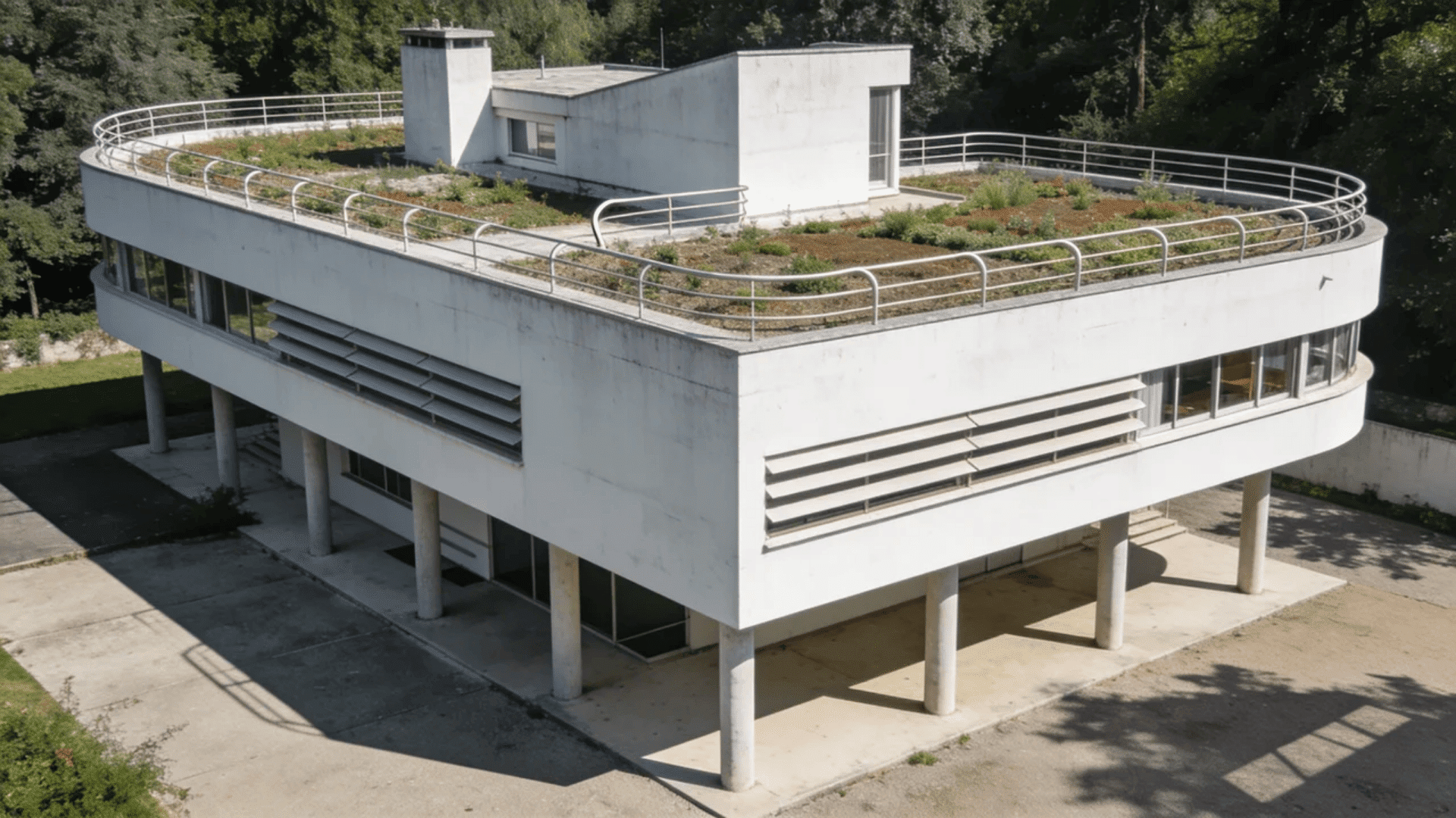 european architecture modernist villa with flat roof terrace and columns surrounded by trees