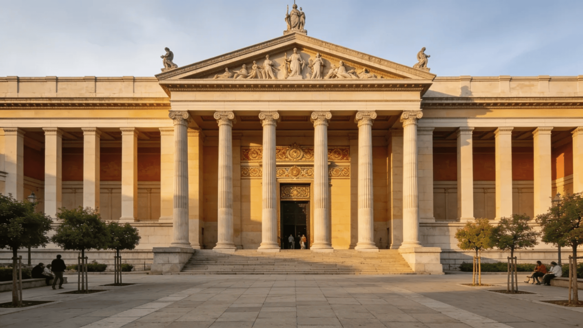 european architecture neoclassical building with grand columns and sculpted facade in warm light