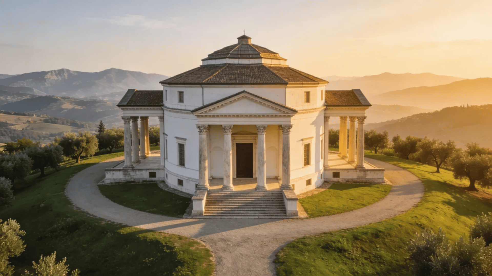 european architecture neoclassical villa with columns on hilltop in warm sunset light