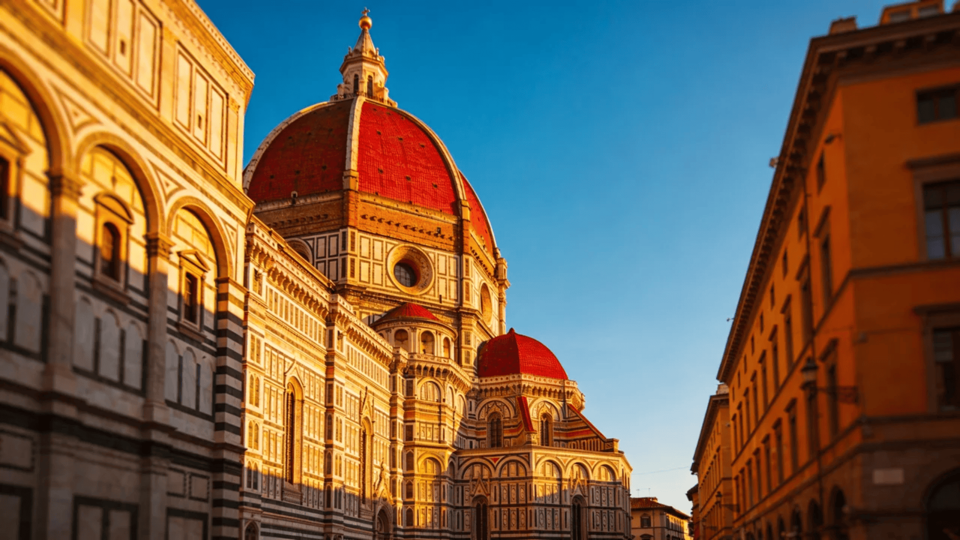 european architecture renaissance cathedral with red dome and ornate facade in golden light
