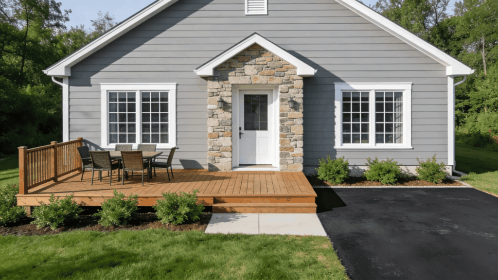 exterior home remodel small house with wooden deck outdoor seating and stone entryway surrounded by green lawn