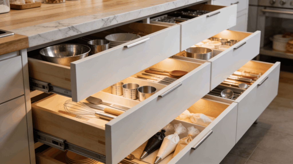 extra deep drawers in a baker’s diy kitchen island for storing tools and utensils neatly