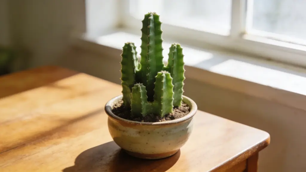 fairy castle cactus in a small ceramic pot on a wooden table by a sunlit window, showing tall green tower-like stems