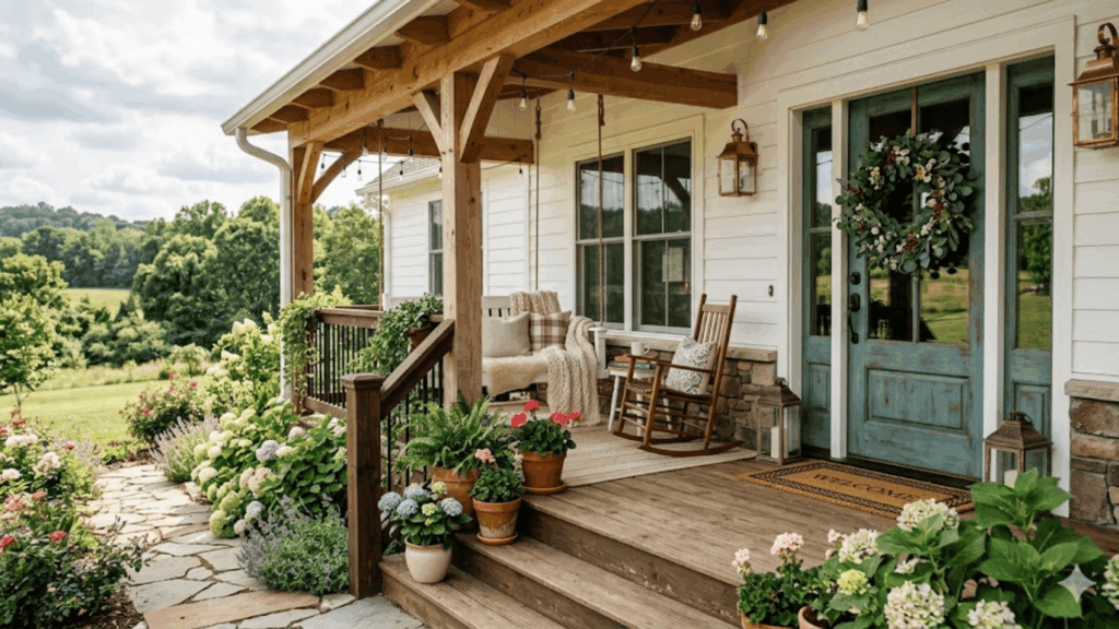 21 Budget Friendly and Easy Farmhouse Front Porch Ideas farmhouse front porch ideas cozy wooden seating rocking chair potted flowers rustic entry greenery view