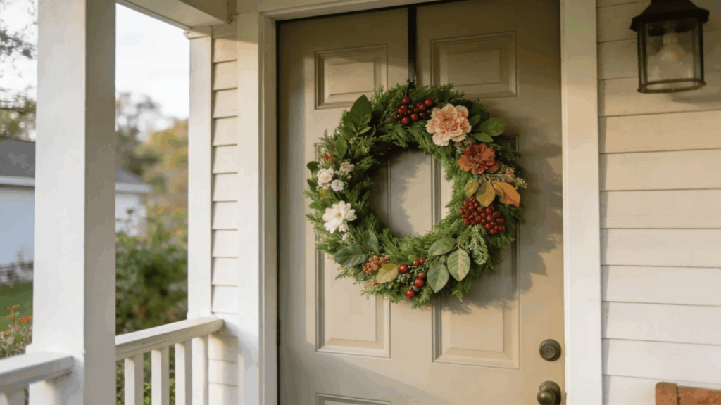 farmhouse front porch ideas decorative wreath floral greenery rustic door cozy entryway charm