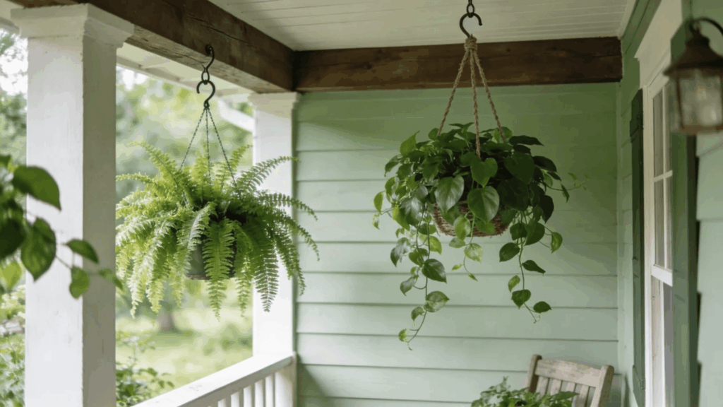 farmhouse front porch ideas hanging plants green fern rustic hooks cozy natural decor