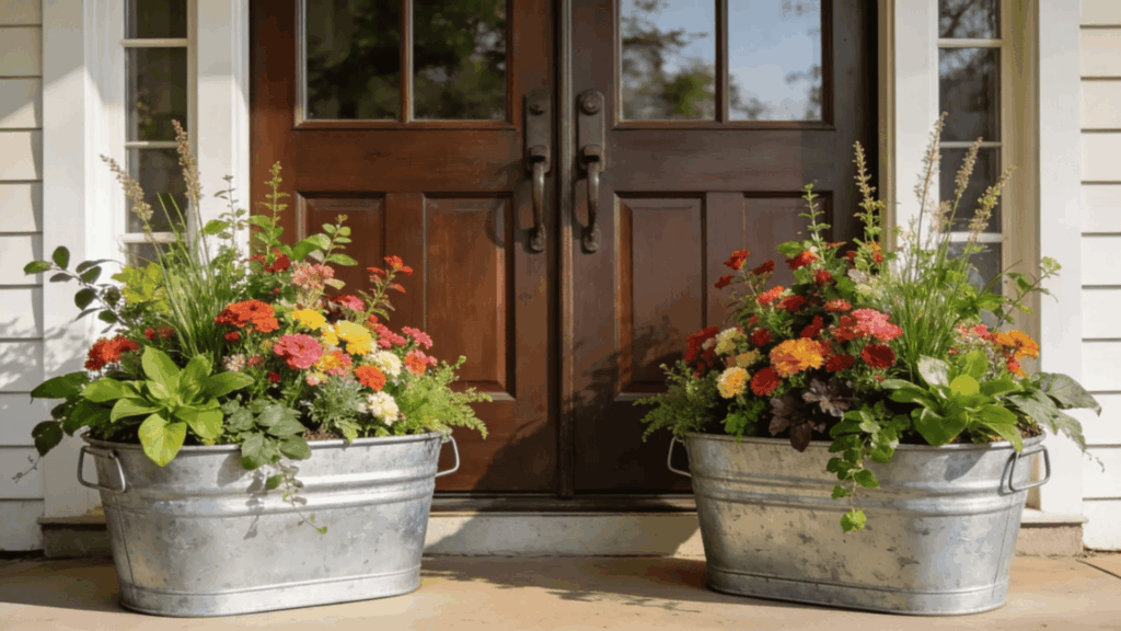 farmhouse front porch ideas metal planters colorful flowers rustic wooden door welcoming entry greenery decor