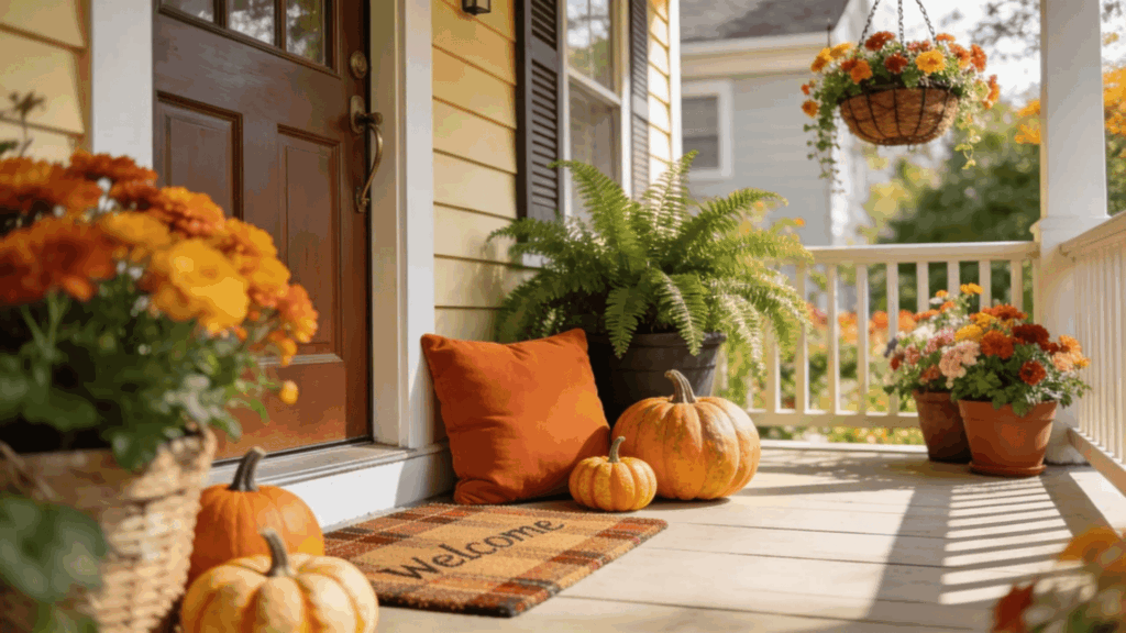 farmhouse front porch ideas pumpkins flowers welcome mat cozy fall decor