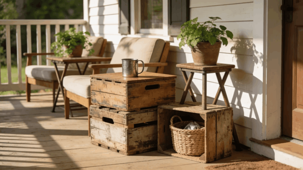 farmhouse front porch ideas rustic crate tables cozy seating potted plants warm sunlight decor