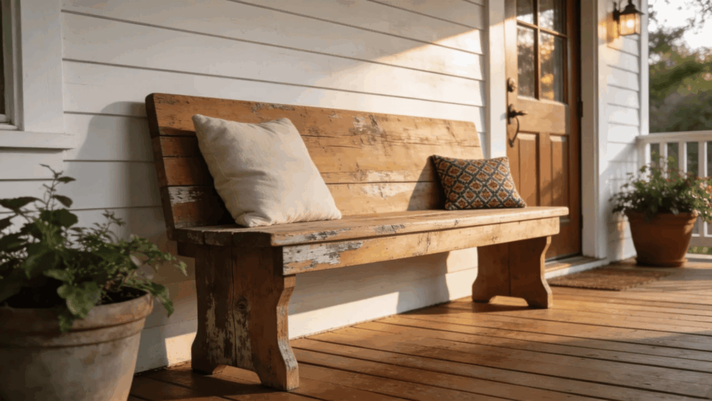 farmhouse front porch ideas rustic wooden bench cozy pillows warm sunlight inviting entry decor