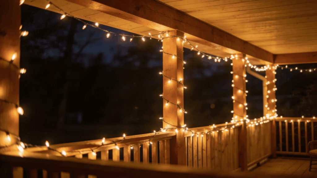 farmhouse front porch ideas string lights warm glow cozy evening rustic railing decor