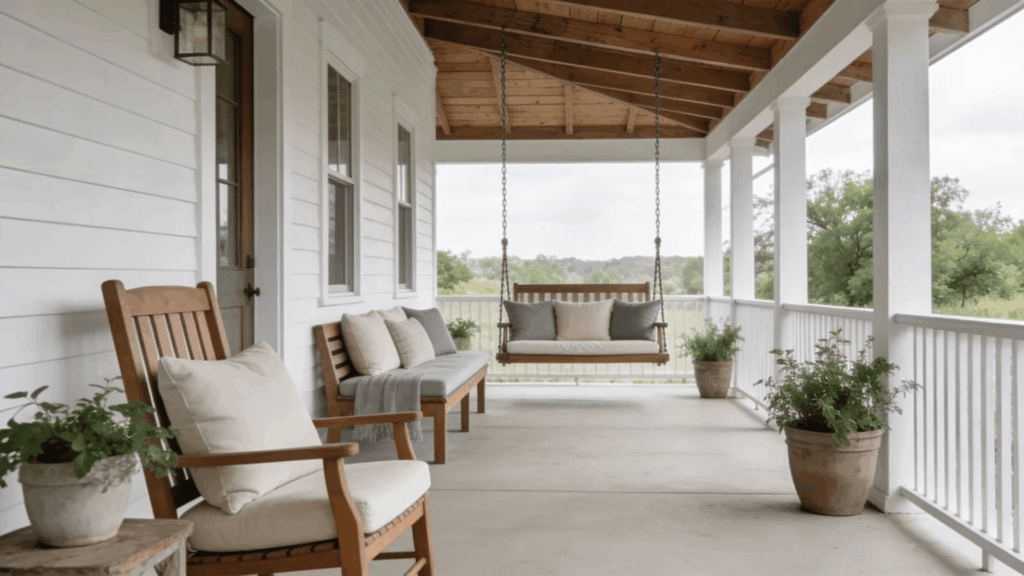 farmhouse front porch ideas swing bench seating cozy cushions white railing peaceful outdoor space