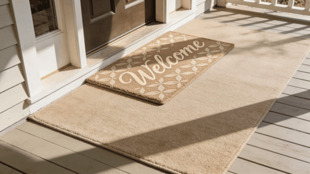 farmhouse front porch ideas welcome mat layered rugs neutral tones cozy entryway decor