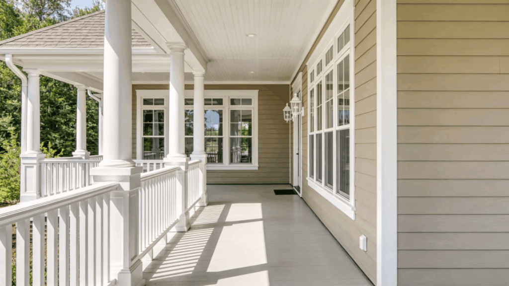 farmhouse front porch ideas white columns railing long walkway bright clean exterior