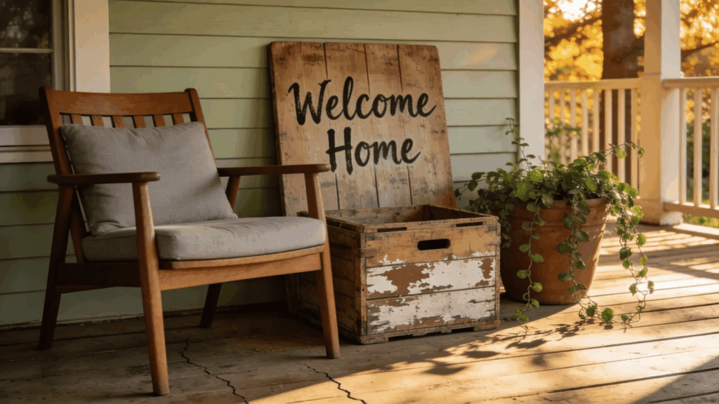 farmhouse front porch ideas wooden chair welcome home sign crate plant cozy decor