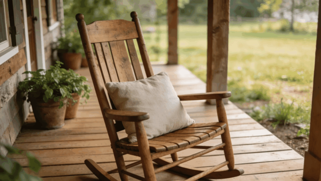 farmhouse front porch ideas wooden rocking chair with cushion rustic deck peaceful countryside greenery