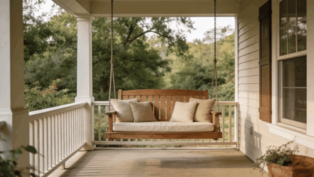 farmhouse front porch ideas wooden swing bench soft cushions peaceful view cozy outdoor seating rustic charm