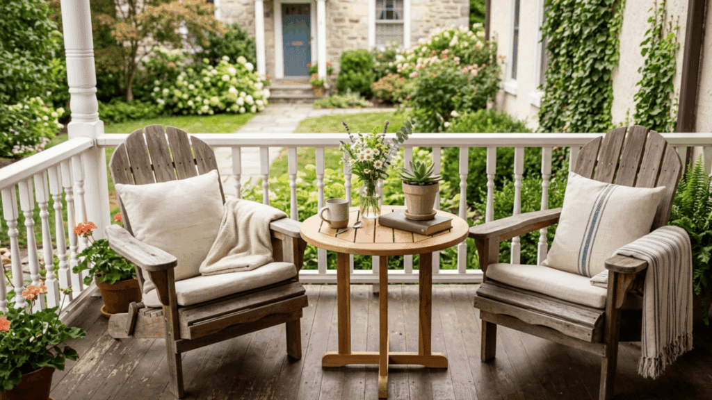 farmhouse front porch seating with two wooden chairs small table flowers cushions creating a calm outdoor space
